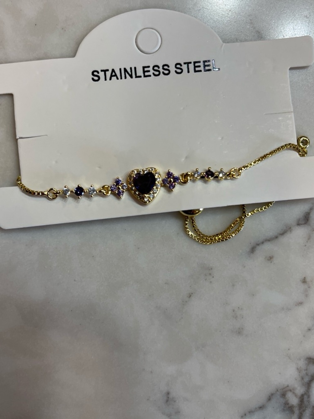 Gold Stainless Steel Bracelet with Purple Heart Stone